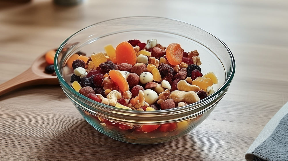 Trail-ready Mariani snack mix with sweet dried mango, chewy dried berries and cherries, probiotic dried apricot pieces, yogurt-raisin bites, and crunchy nuts for on-the-go days.