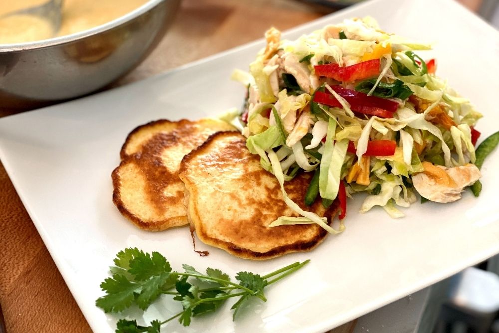 Mango Chile-Roasted Chicken on Jalapeno Corn Cakes