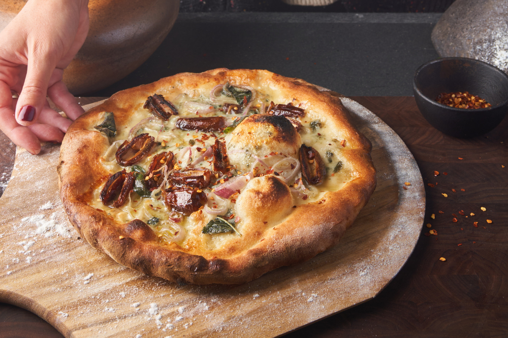 Flatbread with Dates, Blue Cheese and Shallots