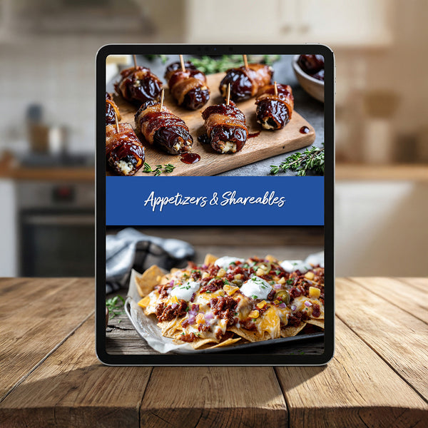 Tablet displaying appetizer images with a blue banner labeled 'Appetizers & Shareables' on a wooden surface.